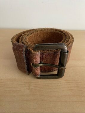 Men's Brown Leather Belt with Brass-Tone Buckle